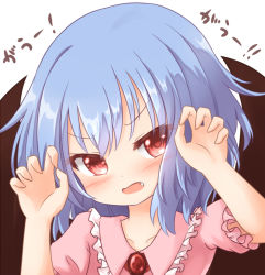 Rule 34 | 1girl, blue hair, brooch, commentary request, fang, jewelry, kisa (k isa), open mouth, red eyes, remilia scarlet, short hair, short sleeves, solo, touhou