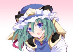Rule 34 | 1girl, :o, balance scale, blue eyes, blue hat, epaulettes, frilled hat, frills, gradient background, green hair, hair between eyes, hat, ichimura kanata, looking at viewer, one-hour drawing challenge, open mouth, pink background, shiki eiki, short hair, solo, touhou, upper body, weighing scale