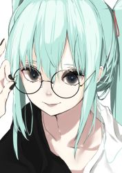 Rule 34 | 1girl, absurdres, adjusting eyewear, aqua eyes, aqua hair, bespectacled, black nails, black shirt, close-up, collarbone, commentary, fingernails, glasses, hatsune miku, highres, lips, long fingernails, long hair, looking at viewer, nail polish, parted lips, pocche-ex, portrait, round eyewear, shirt, smile, solo, symbol-only commentary, twintails, two-tone shirt, vocaloid, white background, white shirt