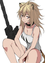 Rule 34 | 1girl, animal ears, arknights, axe, breasts, brown eyes, cleavage, closed mouth, collar, cutoffs, light brown hair, long hair, medium breasts, saiste, short shorts, shorts, sidelocks, siege (arknights), simple background, sitting, solo, tail, tank top, white background, unfinished
