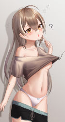 Rule 34 | 1girl, ?, artist request, bow, bow panties, breasts, brown eyes, brown hair, clothes lift, clueless, confused, cowlick, fishing hook, hand up, hololive, hololive english, nanashi mumei, navel, no bra, open mouth, panties, shirt lift, shorts, solo, standing, twitter username, underboob, underwear, virtual youtuber, white panties