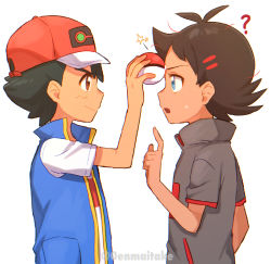 Rule 34 | 2boys, ?, antenna hair, artist name, ash ketchum, baseball cap, black hair, blue eyes, blue jacket, brown eyes, brown hair, closed mouth, commentary request, creatures (company), eye contact, from side, game freak, goh (pokemon), grey shirt, hand up, hat, holding, holding poke ball, jacket, looking at another, male focus, multiple boys, nintendo, open mouth, poke ball, poke ball (basic), pokemon, pokemon (anime), pokemon journeys, shirt, short sleeves, sleeveless, sleeveless jacket, star (symbol), sweatdrop, watermark, white shirt, ze (0enmaitake)