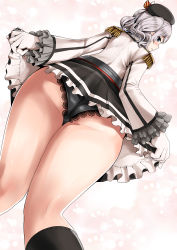 Rule 34 | 1girl, absurdres, ass, beret, black panties, black skirt, blue eyes, epaulettes, frilled skirt, frilled sleeves, frills, from behind, from below, gloves, hat, highres, jacket, kantai collection, kashima (kancolle), lace, lace-trimmed panties, lace trim, military, military jacket, military uniform, minase (takaoka nanase), miniskirt, panties, pleated skirt, sidelocks, silver hair, skirt, solo, twintails, underwear, uniform, wavy hair, white gloves, white jacket