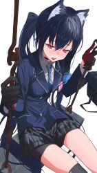 Rule 34 | 1girl, absurdres, animal ears, bike shorts under skirt, black gloves, black hair, black jacket, black shorts, black skirt, blue archive, blue necktie, blush, breasts, cat ears, collared shirt, fang, gloves, hair between eyes, highres, jacket, long hair, long sleeves, nanimo mumumu, necktie, open mouth, pleated skirt, red eyes, red gloves, serika (blue archive), shirt, shorts, simple background, skin fang, skirt, small breasts, solo, twintails, two-tone gloves, white background, white shirt