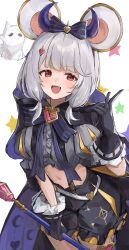 Rule 34 | 1girl, absurdres, animal ears, belt, black gloves, black shorts, breasts, center frills, cloak, cowboy shot, crop top, fake animal ears, fake horns, frills, gloves, granblue fantasy, grey hair, grey shirt, hair ornament, hand up, highres, holding, holding wand, hood, hooded cloak, horns, looking at viewer, midriff, mouse ears, navel, open mouth, red eyes, shiro wa (shiroshironix), shirt, short hair, short sleeves, shorts, simple background, small breasts, smile, solo, star (symbol), v, vikala (granblue fantasy), vikala (halloween) (granblue fantasy), wand, white background