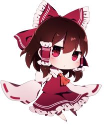 Rule 34 | 1girl, absurdres, bare shoulders, blush, bow, brown hair, chibi, closed mouth, collar, detached sleeves, dress, hair between eyes, hair tubes, hakurei reimu, highres, holding, long sleeves, looking at viewer, orange neckwear, pink eyes, red bow, red dress, red footwear, shoes, short hair, simple background, socks, solo, standing, touhou, white background, white collar, white sleeves, white socks, you (noanoamoemoe)