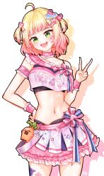 Rule 34 | 1girl, absurdres, blonde hair, blush, breasts, cheerleader, choker, crop top, food-themed hair ornament, frilled choker, frills, gradient hair, green eyes, hair ornament, highres, hololive, large breasts, looking at viewer, ma draws, medium breasts, midriff, momosuzu nene, momosuzu nene (cheerleader), multicolored hair, navel, official alternate costume, open mouth, peach hair ornament, pink choker, pink hair, skirt, smile, solo, virtual youtuber