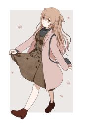 Rule 34 | 1girl, absurdres, alternate costume, bag, black sweater, breasts, brown dress, brown eyes, brown footwear, clothes lift, coat, commentary request, dress, dress lift, full body, gradient hair, hair flaps, hair ornament, hairclip, handbag, heterochromia, highres, kantai collection, lifted by self, light brown hair, long hair, looking at viewer, mai (maika 04), medium breasts, multicolored hair, murasame (kancolle), pink coat, pink hair, red eyes, simple background, smile, socks, solo, sweater, two side up, white socks