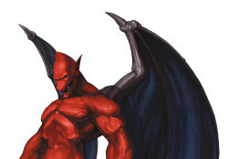 Rule 34 | 1boy, bat wings, capcom, colored skin, demon, evil grin, evil smile, fangs, green eyes, grin, highres, makaimura, male focus, muscular, nona, official art, open mouth, pointy ears, red arremer, red skin, smile, solo, svc chaos, upper body, wings