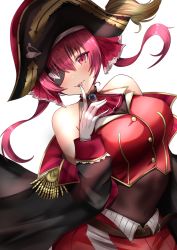 Rule 34 | 1girl, arrow through heart, ascot, bare shoulders, belt, bicorne, black choker, black coat, black hat, blouse, blush, bodystocking, breasts, brown belt, buttons, choker, cleavage, coat, covered navel, crop top, embroidery, epaulettes, eyepatch, frilled choker, frills, gloves, gold trim, hair ribbon, hat, highres, hololive, houshou marine, large breasts, leather belt, leotard, leotard under clothes, long hair, looking at viewer, menmen (menmen13s), midriff, off shoulder, open mouth, pirate, pirate costume, pleated skirt, red ascot, red eyes, red hair, red ribbon, red shirt, red skirt, ribbon, see-through, see-through cleavage, see-through leotard, shirt, skirt, sleeveless, smile, solo, twintails, two-tone skirt, virtual youtuber, white gloves
