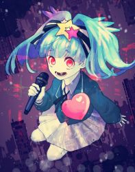 Rule 34 | 10s, 1girl, :d, blazer, blue hair, female focus, full body, green jacket, hair ornament, hair ribbon, heart, highres, holding, holding microphone, hoshikawa lily, jacket, juu (washi jayo00), looking at viewer, microphone, neck ribbon, open mouth, pleated skirt, red eyes, ribbon, school uniform, skirt, smile, solo, star (symbol), star hair ornament, twintails, white skirt, zombie, zombie land saga