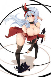 Rule 34 | 1girl, bad id, bad pixiv id, bent over, blue eyes, blue hair, blush, breasts, caee penguin, deviruchi, earrings, elbow gloves, fingerless gloves, gloves, heterochromia, highres, jewelry, large breasts, leaning forward, legs, long hair, looking at viewer, matching hair/eyes, nipples, parted lips, pointy ears, ragnarok online, red eyes, solo, standing, thighhighs, topless, trample, whip, zealotus