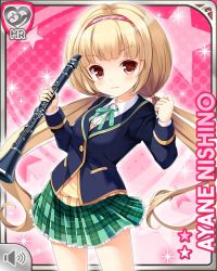 Rule 34 | 1girl, blonde hair, blouse, blue jacket, card, character name, clarinet, clenched hand, closed mouth, frown, girlfriend (kari), green neckwear, green skirt, headband, holding, instrument, jacket, nishino ayane, official art, pink background, plaid, plaid skirt, qp:flapper, red eyes, school uniform, shirt, skirt, standing, tagme, twintails, white shirt