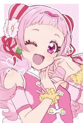 Rule 34 | ;d, armband, clover earrings, colored sclera, cone hair bun, cure yell, double bun, flower, hair bun, hair flower, hair ornament, heart, heart hair ornament, heart hands, highres, hugtto! precure, long hair, looking at viewer, magical girl, nono hana, one eye closed, open mouth, pink eyes, pink hair, pink shirt, precure, scrunchie, shirt, sleeveless, sleeveless shirt, smile, usiusi nanas, wrist scrunchie, yellow sclera
