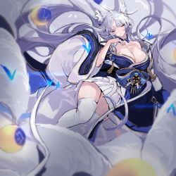 Rule 34 | 1girl, absurdres, animal ear fluff, animal ears, azur lane, breasts, cleavage, detached collar, closed eyes, fox ears, fox girl, fox tail, grey hair, highres, large breasts, long hair, multiple tails, off shoulder, shinano (azur lane), shisantian, solo, symbol-only commentary, tail, thighhighs, white thighhighs, wide sleeves, zettai ryouiki