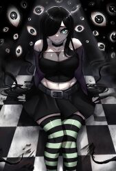 Rule 34 | 1girl, absurdres, amissio, aqua eyes, aria wintermint, bare shoulders, belt, black belt, black choker, black hair, black skirt, camisole, check copyright, checkered floor, choker, collarbone, commentary, copyright request, crop top, feet out of frame, green thighhighs, hair over one eye, highres, long hair, long sleeves, looking at viewer, midriff, miniskirt, navel, rageman709, sitting, skirt, solo, striped clothes, striped thighhighs, the crawling city, thighhighs, very long hair