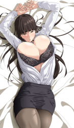 Rule 34 | 1girl, arms up, black bra, blush, bra, breasts, brown eyes, brown hair, frilled bra, frills, girls und panzer, highres, large breasts, long hair, long sleeves, lying, mature female, nishizumi shiho, on bed, open clothes, open shirt, pantyhose, shirt, skirt, solo, tsubooi, underwear, white shirt