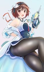 Rule 34 | 1girl, alternate costume, black gloves, black pantyhose, blue dress, blush, brown hair, collared dress, cosplay, cowboy shot, doctor, dress, gloves, hair ornament, hiyama izumi (wttdh), kantai collection, lab coat, long sleeves, looking at viewer, mutsuki (kancolle), necktie, open clothes, open mouth, panties, panties under pantyhose, pantyhose, red hair, red necktie, short dress, short hair, smile, solo, stethoscope, syringe, thighband pantyhose, underwear, white panties