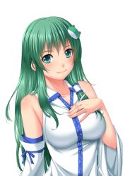 Rule 34 | 1girl, bad id, bad pixiv id, blush, breasts, chiro, detached sleeves, frog hair ornament, green eyes, green hair, hair ornament, kochiya sanae, large breasts, long hair, looking at viewer, matching hair/eyes, simple background, smile, snake hair ornament, solo, touhou, white background