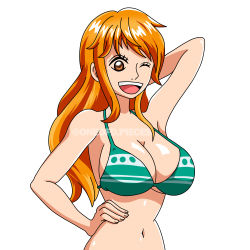 Rule 34 | 1girl, absurdres, arm behind head, armpits, bikini, breasts, cleavage, green bikini, hand on own hip, highres, large breasts, looking at viewer, model pose, nami (one piece), one eye closed, one piece, open mouth, orange eyes, orange hair, smile, solo, swimsuit, watermark, wink