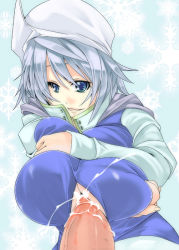 Rule 34 | 1girl, blue eyes, breasts squeezed together, breasts, cum, ejaculation, hat, huge breasts, letty whiterock, paizuri, paizuri under clothes, penis, perpendicular paizuri, silver hair, solo focus, toono yayoi, touhou, uncensored