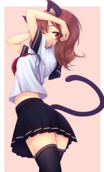 Rule 34 | 1girl, animal ears, arms up, black thighhighs, brown hair, cat ears, cat tail, from behind, lace, lace-trimmed legwear, lace trim, looking back, midriff, orange eyes, original, pleated skirt, school uniform, serafuku, skirt, solo, tail, thighhighs, zettai ryouiki, zizi (zz22)