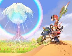 Rule 34 | absurdres, ever oasis, footprints, furry, highres, horned headwear, horns, looking at viewer, miura (ever oasis), monster boy, monster girl, nintendo, official art, rainbow, sand, shizuma yoshinori, smile, tethu, tree, village