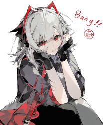 Rule 34 | 1girl, antennae, arknights, black gloves, black pants, commentary request, detonator, elbows on knees, feet out of frame, fingerless gloves, gloves, grey hair, grey jacket, grey scarf, hands up, highres, jacket, looking at viewer, medium hair, pants, qichachunyu, red eyes, red nails, scar, scar on arm, scarf, simple background, smile, solo, w (arknights), white background