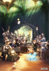 Rule 34 | 6+boys, 6+girls, absurdres, animal ears, armor, au ra, black footwear, blonde hair, blue hair, boots, bow, brown hair, carbuncle (final fantasy), cat, cat ears, cat girl, cat tail, chocobo, commentary request, company name, creature, day, dragon girl, dragon horns, dragon tail, dress, dress bow, elezen, elf, eos (ff14), final fantasy, final fantasy xiv, hat, hatching (texture), highres, horns, hrothgar, indoors, lalafell, light rays, maeka (kumaekake), miqo&#039;te, moogle, multiple boys, multiple girls, nutkin, off-shoulder dress, off shoulder, official art, on one knee, paladin (final fantasy), pauldrons, pointy ears, roegadyn, saw, short hair, shoulder armor, sitting, smile, stained glass, standing, summoner (final fantasy), table, tail, thigh boots, viera, warrior of light (ff14), white dress, white hair, white hat, wide shot, wooden floor