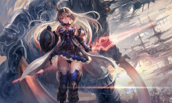 Rule 34 | 1girl, aircraft, airship, armor, armored dress, bare shoulders, belt, black panties, blonde hair, blue dress, blue thighhighs, boots, building, cityscape, dress, fantasy, gauntlets, glowing, glowing eyes, knee boots, long hair, mecha, armored boots, metal gloves, nigoro, original, panties, pantyshot, polearm, red eyes, robot, shield, skyscraper, solo, spear, standing, thighhighs, underwear, very long hair, weapon, wind, wind lift