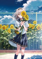 Rule 34 | 1girl, blue skirt, blue sky, chain-link fence, cloud, cloudy sky, commentary request, day, fence, flower, grey hair, hairband, hanekoto, highres, holding, holding flower, looking at viewer, original, outdoors, pleated skirt, sailor collar, school uniform, serafuku, skirt, sky, solo, standing, sunflower, twitter username, yellow eyes