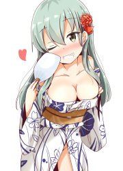 Rule 34 | 1girl, aikawa ryou, black eyes, blush, breasts, cleavage, collarbone, commentary request, eyes visible through hair, floral print, green hair, grin, hair between eyes, hair ornament, hand fan, heart, highres, japanese clothes, kantai collection, kimono, long hair, looking at viewer, medium breasts, no panties, obi, one eye closed, paper fan, sash, simple background, smile, solo, suzuya (kancolle), white background, wide sleeves, yukata