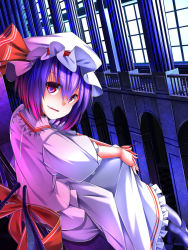 Rule 34 | 1girl, bow, fang, from side, hat, hat bow, highres, light purple hair, looking to the side, red eyes, remilia scarlet, rerrere, sash, short hair, sitting, solo, touhou