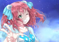 Rule 34 | 1girl, aqua dress, aqua eyes, aqua ribbon, artist name, artist request, blush, breasts, cloud, collarbone, dress, female focus, frilled sleeves, frills, green eyes, hair between eyes, hair ornament, highres, kurosawa ruby, looking at viewer, love live!, love live! sunshine!!, medium breasts, nanao (m44132yf), night, night sky, one eye closed, outdoors, parted lips, pom pom (clothes), pom pom hair ornament, red hair, ribbon, short hair, sky, smile, solo, star (sky), twintails, two side up, v, water blue new world, white ribbon