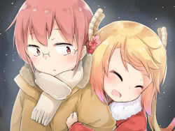 Rule 34 | 10s, 2girls, :d, :o, ^ ^, blonde hair, blush, brown eyes, brown hair, brown scarf, closed eyes, coat, dragon girl, dragon horns, flower, fringe trim, fur coat, hair flower, hair ornament, highres, horns, hug, kobayashi-san chi no maidragon, kobayashi (maidragon), long hair, looking at another, multiple girls, nosetissue, open mouth, scarf, smile, tohru (maidragon), twintails, upper body