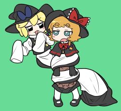 Rule 34 | 2girls, apron, black capelet, black eyes, black footwear, black gloves, black headwear, black skirt, black vest, blonde hair, blue bow, blue eyes, blush, bow, bowtie, braid, bright pupils, brown apron, bseibutsu, buttons, capelet, cookie (touhou), gloves, green background, hair bow, hat, hat bow, kirisame marisa, long skirt, looking afar, looking at another, mary janes, medium bangs, meguru (cookie), multiple girls, open mouth, purple bow, red bow, red bowtie, shirt, shoes, short hair, side braid, simple background, single braid, skirt, skirt set, sleeves past fingers, sleeves past wrists, socks, standing, thick eyebrows, touhou, turtleneck, v-shaped eyebrows, vest, waist apron, white apron, white pupils, white shirt, white socks, witch hat, yuuhi (cookie)