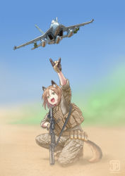 Rule 34 | 1girl, :d, aircraft, airplane, animal ears, artist name, brown eyes, camouflage, camouflage pants, commentary, dated, dust, f/a-18e super hornet, fang, fighter jet, gloves, green eyes, grenade launcher, gun, highres, holding, holding gun, holding weapon, jet, jpc, load bearing equipment, load bearing vest, long sleeves, m203, military, military vehicle, open mouth, original, pants, bulletproof vest, pointing, sleeves rolled up, smile, soldier, solo, squatting, tactical clothes, tail, underbarrel grenade launcher, united states marine corps, watermark, weapon