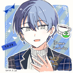 Rule 34 | 1boy, aoyagi touya, blue hair, border, character name, coffee cup, commentary, cup, dark blue hair, dated, disposable cup, earrings, grey eyes, hair between eyes, hitopm, jewelry, lapels, looking at viewer, male focus, mole, mole under eye, multicolored hair, open mouth, plaid, project sekai, short hair, single earring, solo, turtleneck, two-tone hair, white border