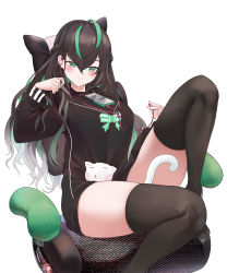 Rule 34 | 1girl, absurdres, antenna hair, black hair, black jacket, black thighhighs, breasts, cat, chair, closed mouth, earbuds, earphones, gaming chair, green eyes, green hair, hair between eyes, highres, holding, jacket, knee up, long hair, long sleeves, looking at viewer, multicolored hair, nijisanji, nijisanji kr, object on breast, on chair, phone, riba, shin yuya, simple background, sitting, solo, swivel chair, tawawa challenge, thighhighs, thighs, two-tone hair, virtual youtuber, white background