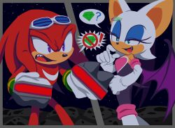Rule 34 | !, 1boy, 1girl, ?, animal ears, animal nose, bat ears, bat girl, bat wings, blue eyeshadow, border, clenched hands, commentary, elbow gloves, english commentary, eyeshadow, eyewear on head, furry, furry female, furry male, gem, gloves, green eyes, grey border, highres, knuckles the echidna, makeup, master emerald, no symbol, open mouth, outside border, purple eyes, purple wings, rouge the bat, siggiedraws, smile, sonic (series), sonic adventure 2, spoken no symbol, spoken object, standing, star (sky), sunglasses, tail, white-framed eyewear, white gloves, wings