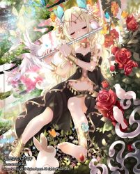 Rule 34 | 1girl, anklet, bare shoulders, barefoot, bell, bird, blonde hair, bug, rabbit, butterfly, closed eyes, flower, flute, hair flower, hair ornament, bug, instrument, jewelry, jingle bell, long hair, lots of jewelry, mia0309, nature, navel, original, playing instrument, rose, sitting, skirt, solo, tenkuu no crystalia, twintails