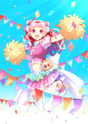 Rule 34 | 1girl, blue sky, clothing cutout, cone hair bun, crop top, cure yell, daisy, floating hair, flower, full body, hair bun, hair flower, hair ornament, hair ribbon, heart, heart hair ornament, highres, hugtto! precure, jumping, lazy orange, long hair, looking at viewer, magical girl, midriff, miniskirt, navel, pink eyes, pink hair, pink skirt, pleated skirt, pom pom (cheerleading), precure, red ribbon, ribbon, see-through, short sleeves, shoulder cutout, skirt, sky, solo, stomach, sunlight, thighhighs, white flower, white thighhighs