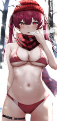 Rule 34 | 1girl, absurdres, arm behind back, bare tree, beanie, bikini, blush, breasts, breath, hat, heterochromia, highres, hololive, houshou marine, houshou marine (summer), large breasts, long hair, looking at viewer, navel, no nose, outdoors, parted lips, plaid, plaid scarf, ponnu (nikeytina), red bikini, red eyes, red hair, red hat, red scarf, scarf, skindentation, snow, snowing, solo, stomach, swimsuit, thigh strap, tree, twintails, virtual youtuber, yellow eyes