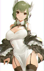 Rule 34 | 1girl, akizone, bare shoulders, black jacket, black panties, black thighhighs, breasts, brown eyes, china dress, chinese clothes, cleavage, cleavage cutout, clothing cutout, cowboy shot, dress, garter straps, gold trim, green hair, hair ornament, highres, jacket, large breasts, long hair, long sleeves, looking at viewer, off shoulder, open clothes, open jacket, original, panties, pelvic curtain, side-tie panties, side-tie peek, sleeveless, sleeveless dress, smile, solo, string panties, thighhighs, thighs, underwear, white dress