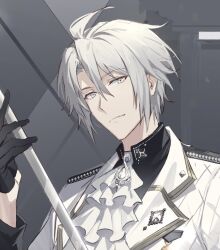 Rule 34 | 1boy, ahoge, ascot, black gloves, black shirt, closed mouth, collared shirt, curtained hair, glint, gloves, grey eyes, grey hair, hair between eyes, half gloves, holding, holding sword, holding weapon, idolish7, jacket, lapel pin, lapels, loladestiny, long sleeves, looking at viewer, male focus, medal, notched lapels, shirt, short hair, sidelocks, silver trim, sleeve cuffs, smile, solo, sword, upper body, weapon, white ascot, white jacket, yaotome gaku