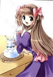 Rule 34 | 1girl, :d, bistro cupid, bow, braid, brown hair, cake, celery periwinkle, crown braid, dress, food, frills, green eyes, hair bow, highres, light brown hair, long hair, looking at viewer, looking back, official art, open mouth, pandaki (aki), pink bow, purple dress, ribbon, scan, simple background, smile, solo, two side up