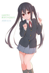 Rule 34 | 1girl, black hair, dated, dresstrip, grey skirt, happy birthday, k-on!, looking at viewer, nakano azusa, school uniform, skirt, solo, twintails, white background