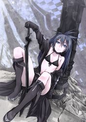 Rule 34 | 1girl, bikini, black bikini, black footwear, black gloves, black rock shooter, black rock shooter (character), black shorts, blue eyes, blue hair, boots, breasts, checkered floor, cleavage, front-tie bikini top, front-tie top, fu-ta, gloves, hair between eyes, holding, holding sword, holding weapon, knee boots, long hair, looking at viewer, navel, short shorts, shorts, small breasts, solo, star (symbol), stomach, swimsuit, sword, unzipped, weapon