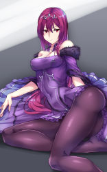 Rule 34 | 1girl, ass, bare shoulders, breasts, caster (lostbelt), cleavage, covered navel, detached collar, dress, fate/grand order, fate (series), feet, fur trim, hair between eyes, highres, hip focus, jewelry, long hair, looking at viewer, lying, medium breasts, no shoes, on side, pantyhose, purple dress, purple hair, red eyes, scathach (fate), scathach skadi (fate), shimeno puni, solo, thighs, tiara