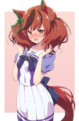 Rule 34 | 1girl, animal ears, blouse, blush, bow, brown eyes, brown hair, green bow, green ribbon, hair bow, highres, horse ears, horse girl, horse tail, looking at viewer, mel (melty pot), multicolored hair, nice nature (umamusume), nose blush, open mouth, pink background, purple shirt, red hair, ribbon, school uniform, shirt, short hair, short sleeves, skirt, solo, streaked hair, tail, twintails, two-tone background, umamusume, white background, white skirt
